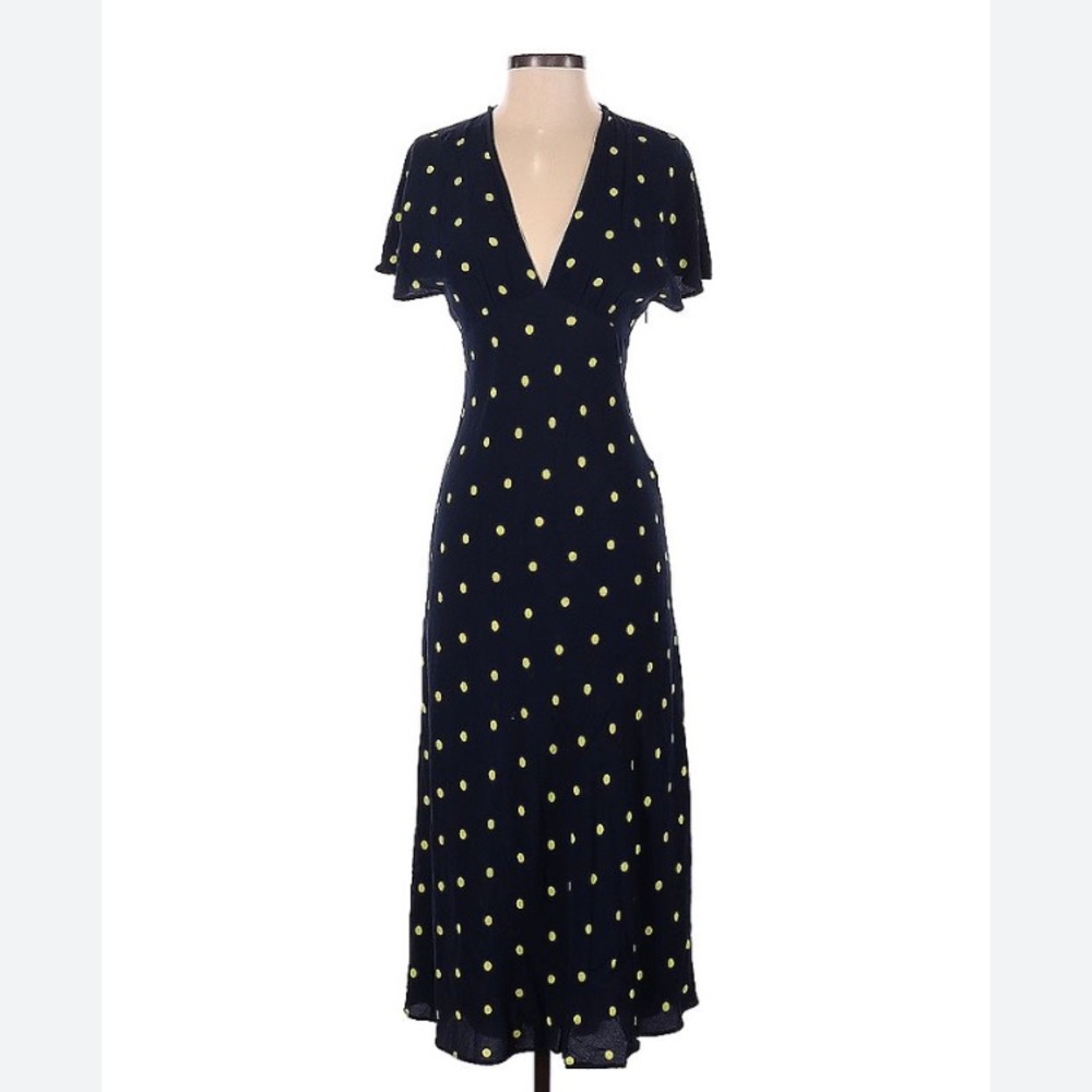 Zara Navy with Yellow Polka Dot MIDI Dress size Small